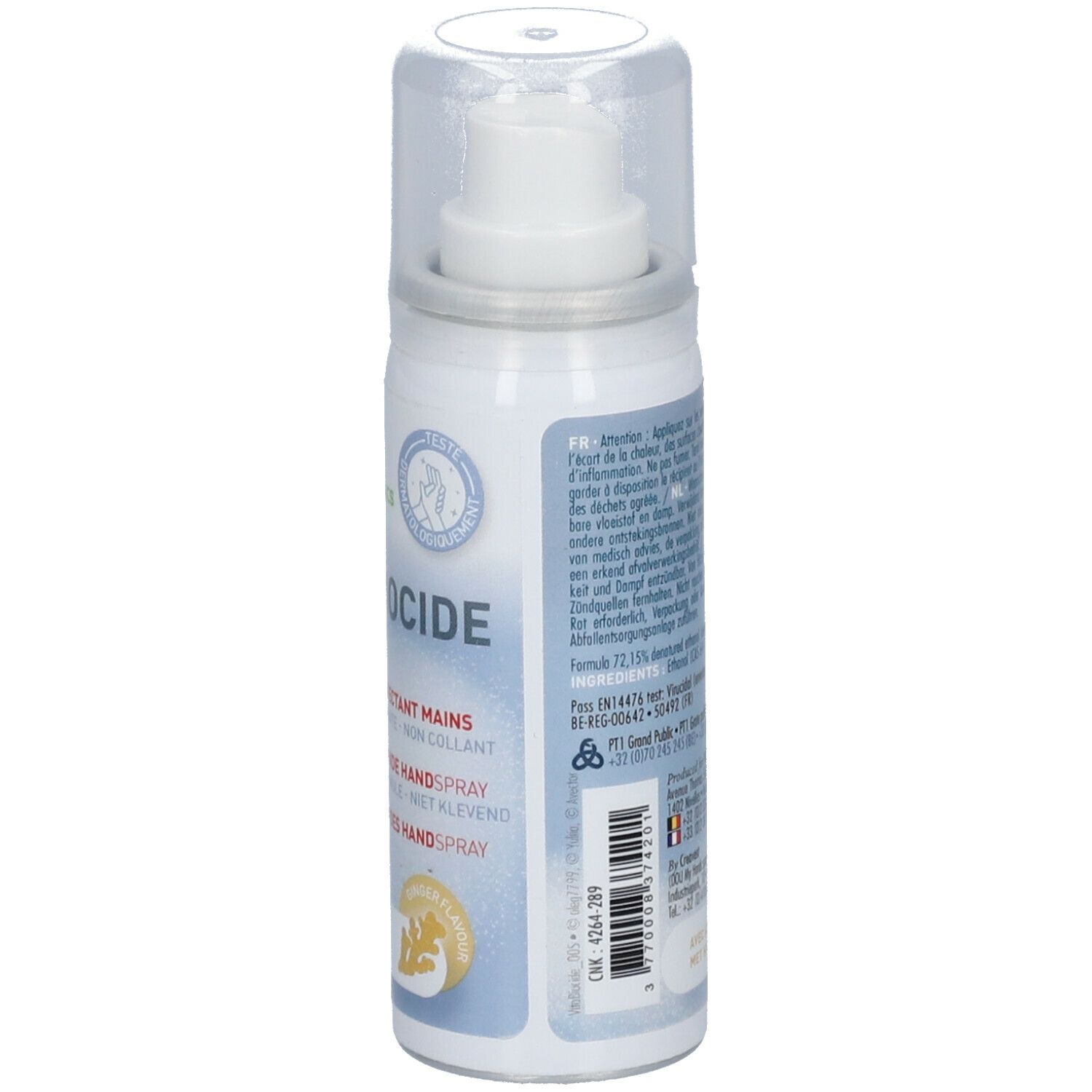 Dos du flacon spray. Texte multilingue. Avertissements et pictogrammes. Volume: 45ml.