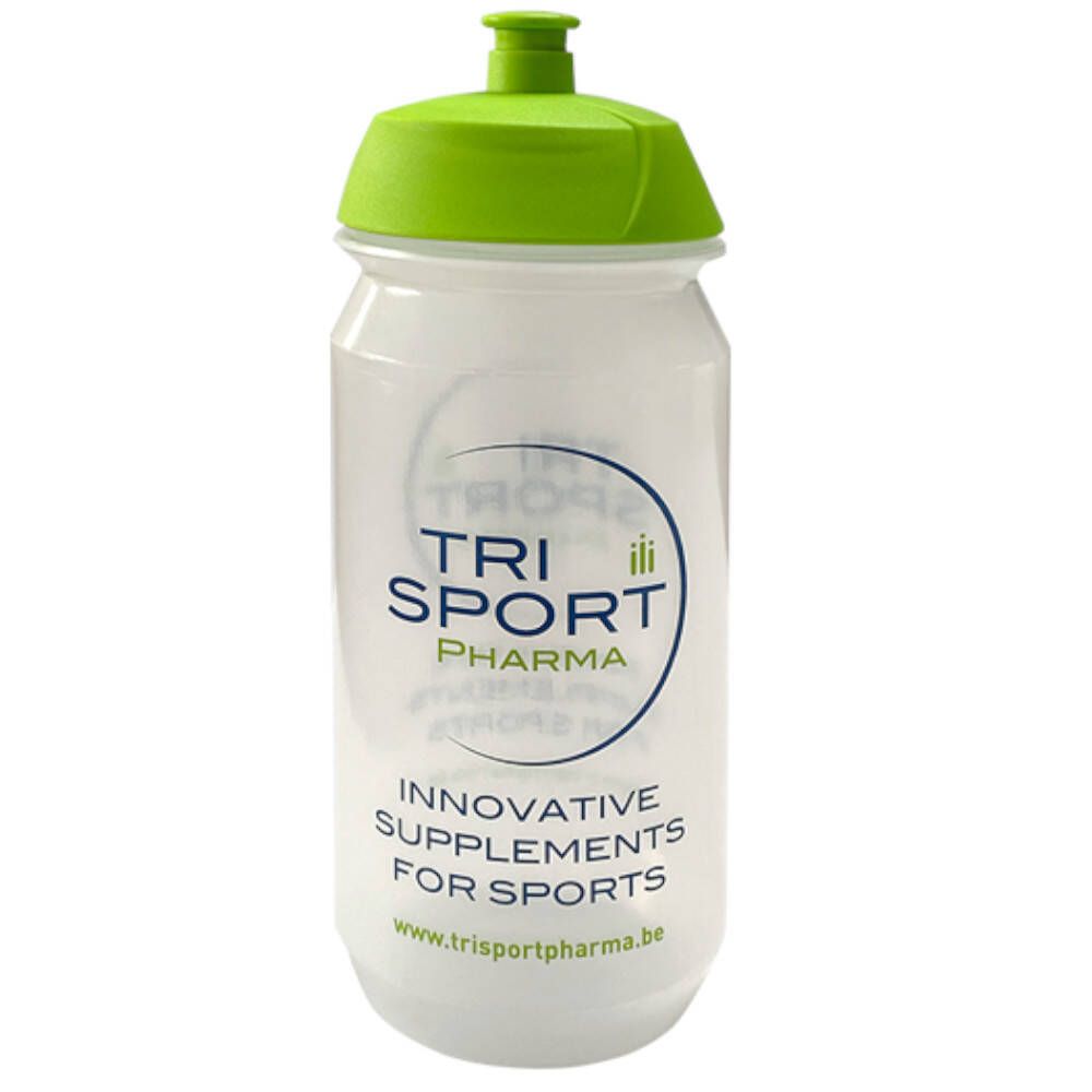 Drinkfles met groene dop. Opschrift: TRI SPORT PHARMA, INNOVATIVE SUPPLEMENTS FOR SPORTS. www.trisportpharma.be