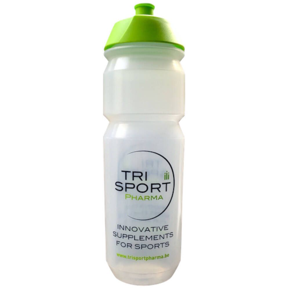 Transparante Trisport Pharma bidon met groene dop. Logo en tekst op de fles.