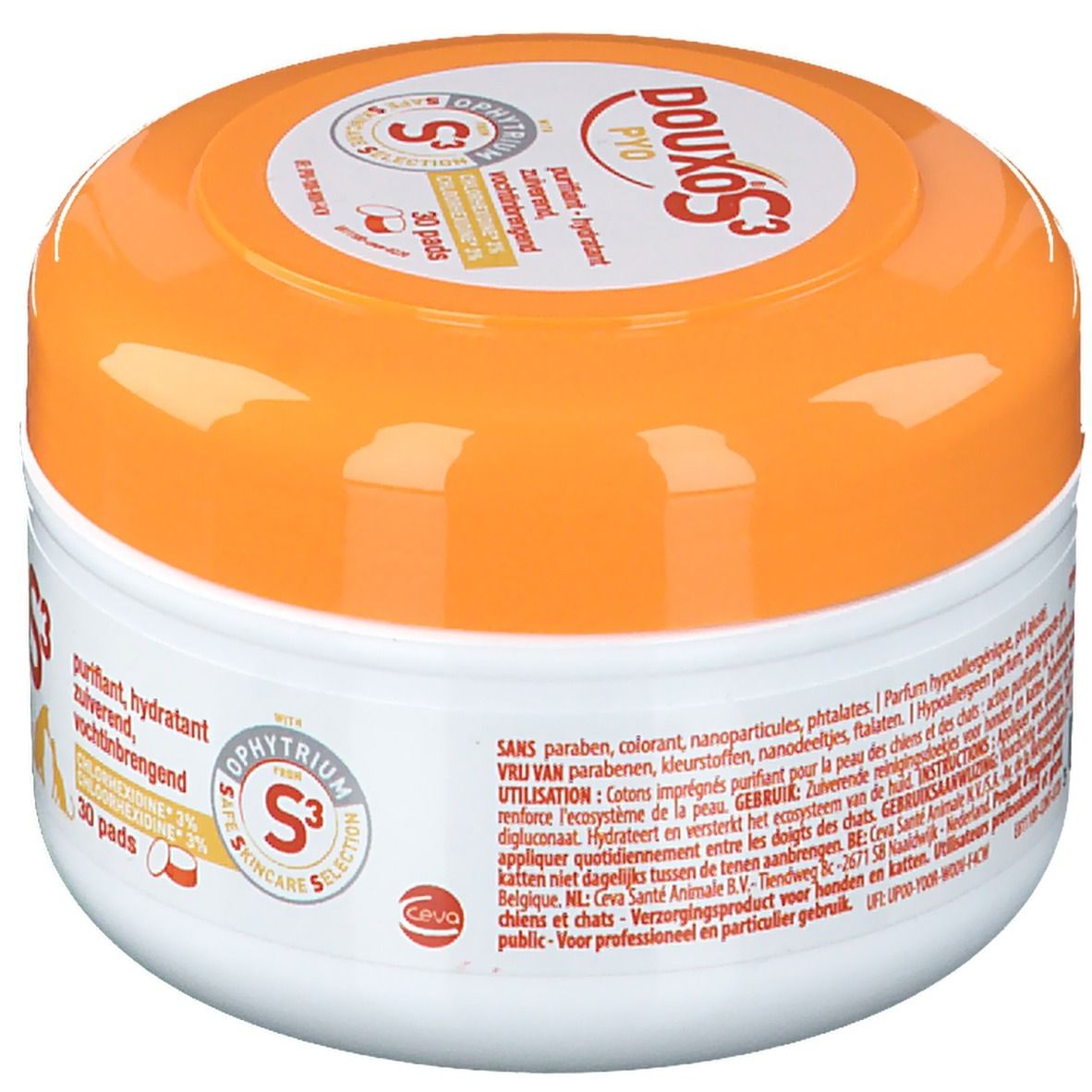 Boîte ronde avec couvercle orange. Inscription: DOUXO S3 PYO, 30 pads. Contient de la chlorhexidine 3%.