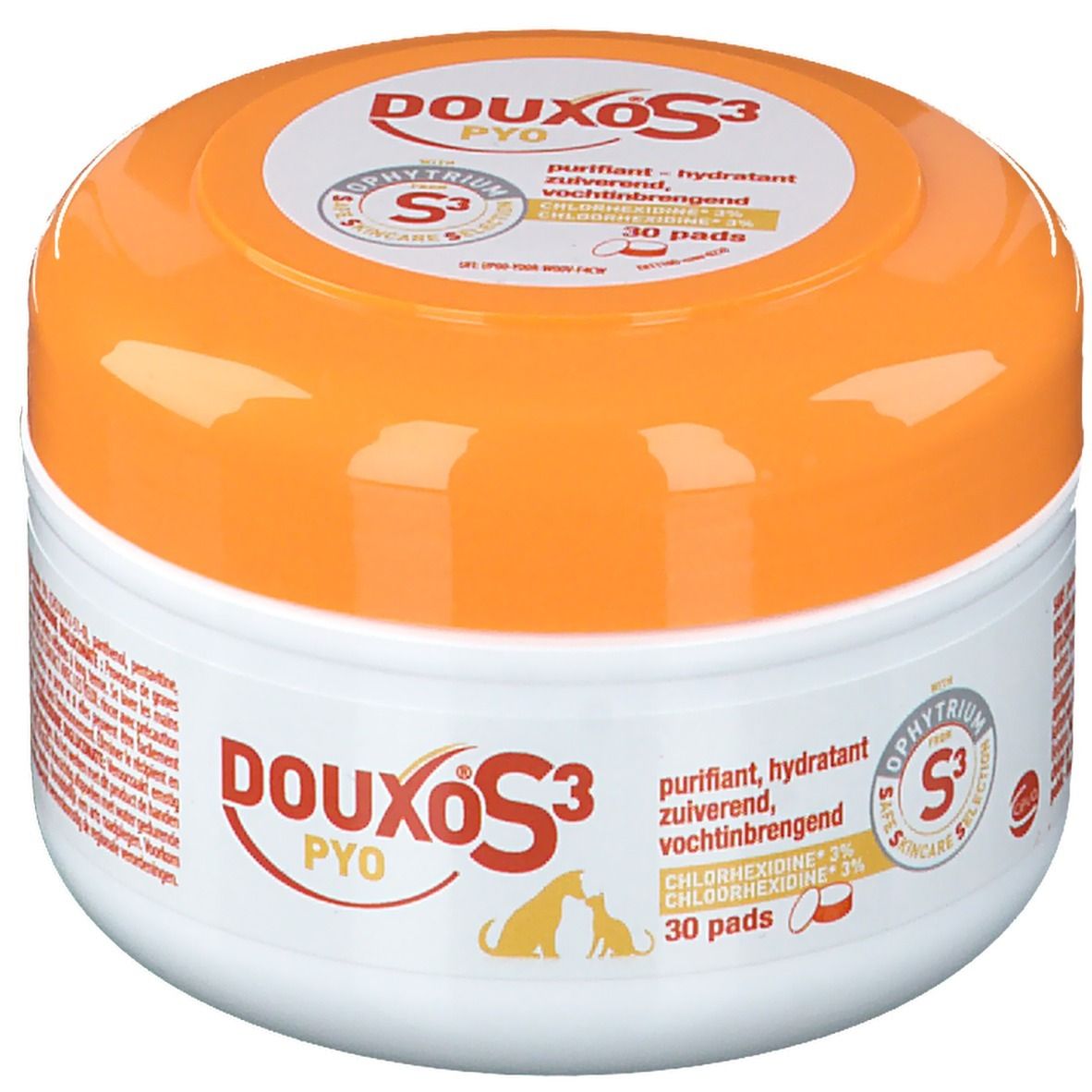 Boîte ronde avec couvercle orange. Inscription: DOUXO S3 PYO, 30 pads. Contient de la chlorhexidine 3%.