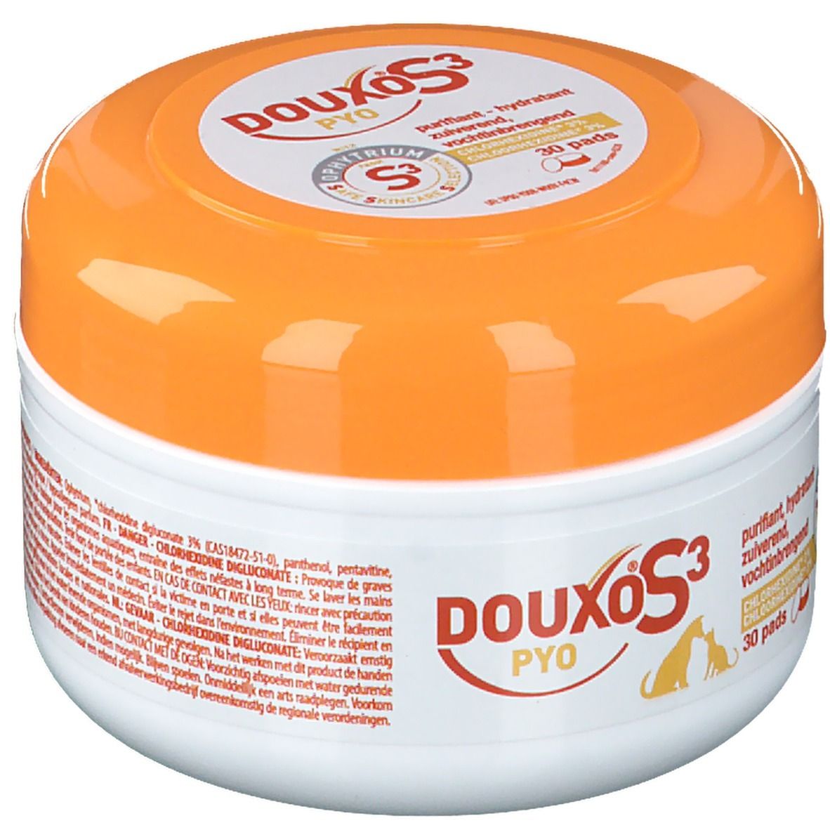 Boîte ronde avec couvercle orange. Inscription: DOUXO S3 PYO, 30 pads. Contient de la chlorhexidine 3%.