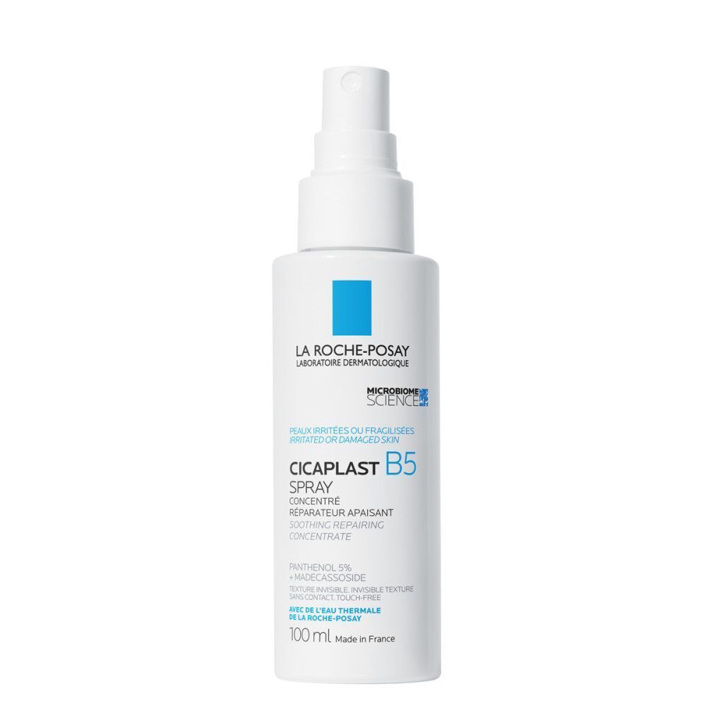 La Roche-Posay CICAPLAST B5 Spray. Achterkant fles met tekst. Voor gevoelige huid. Kinderen en volwassenen.