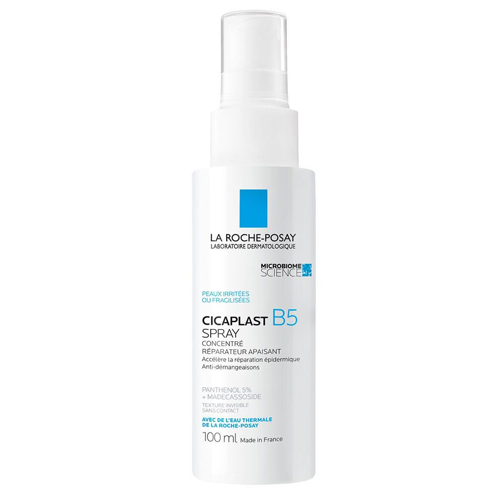 La Roche-Posay CICAPLAST B5 Spray. Witte fles met verstuiver. Blauwe accenten. 100 ml.