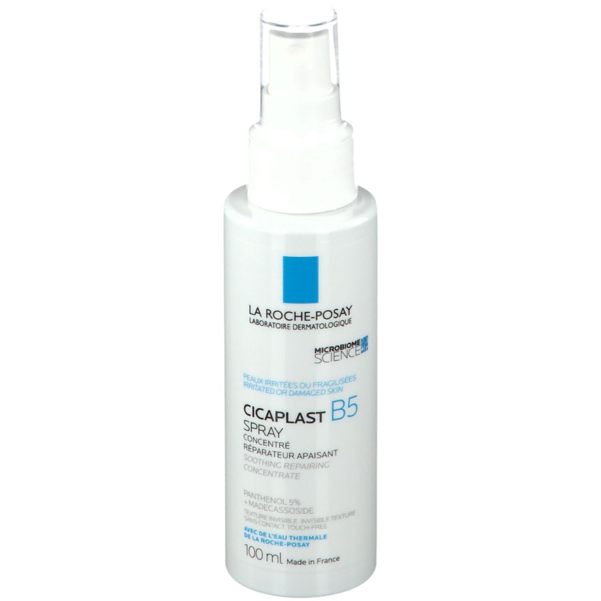 La Roche-Posay CICAPLAST B5 Spray. Witte fles met verstuiver. Blauwe accenten. 100 ml.