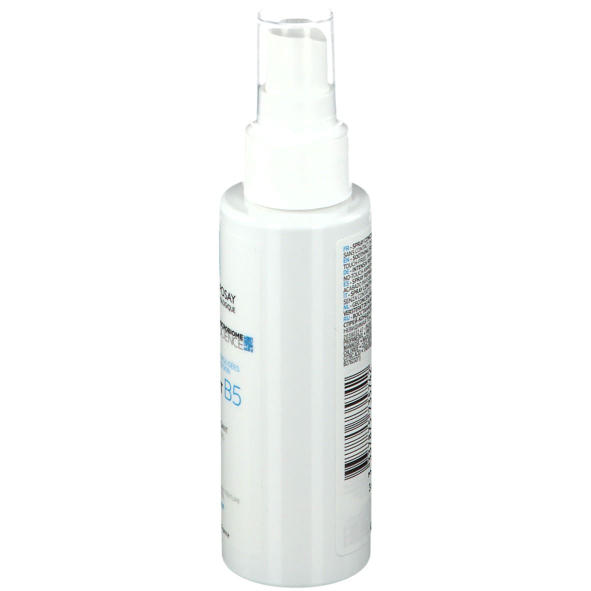 La Roche-Posay CICAPLAST B5 Spray. Witte fles met verstuiver. Zijaanzicht.