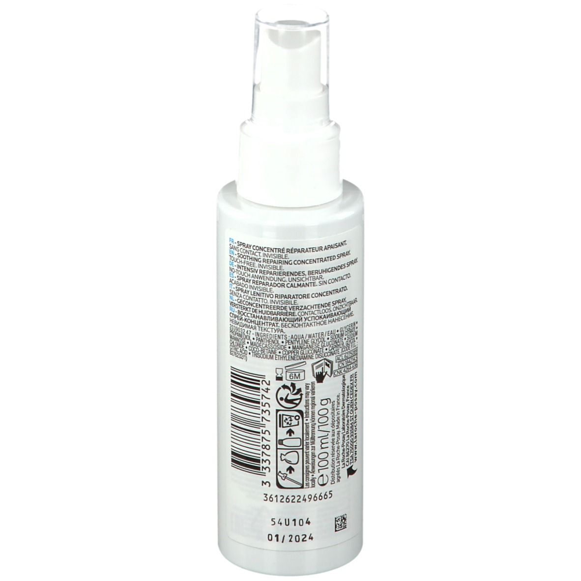 La Roche-Posay CICAPLAST B5 Spray. Achterkant van de fles met tekst en barcode. 100 ml.