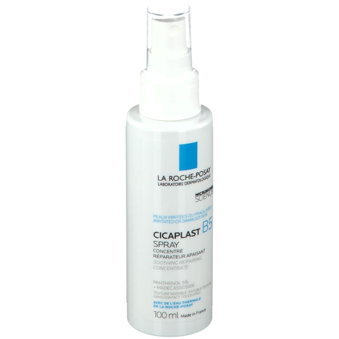 La Roche-Posay CICAPLAST B5 Spray. Witte fles met verstuiver. Blauwe accenten. 100 ml.