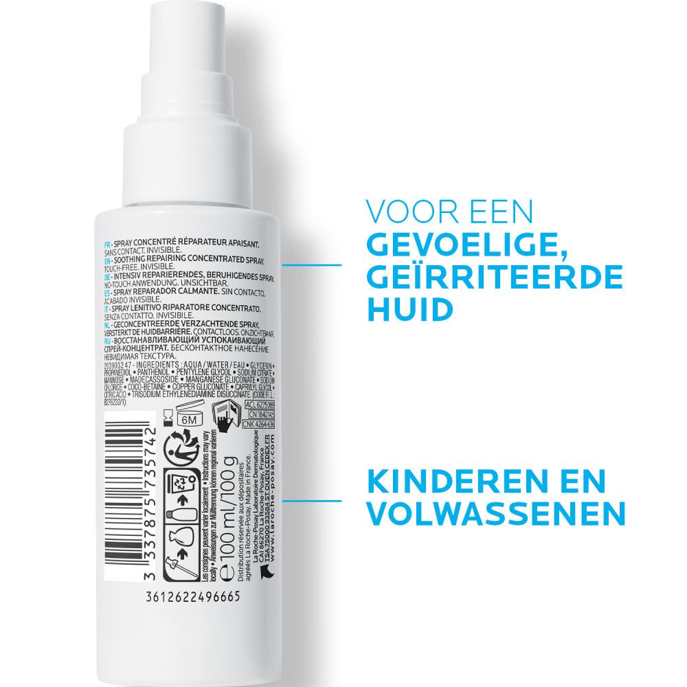 La Roche-Posay CICAPLAST B5 Spray. Achterkant fles met tekst. Voor gevoelige huid. Kinderen en volwassenen.