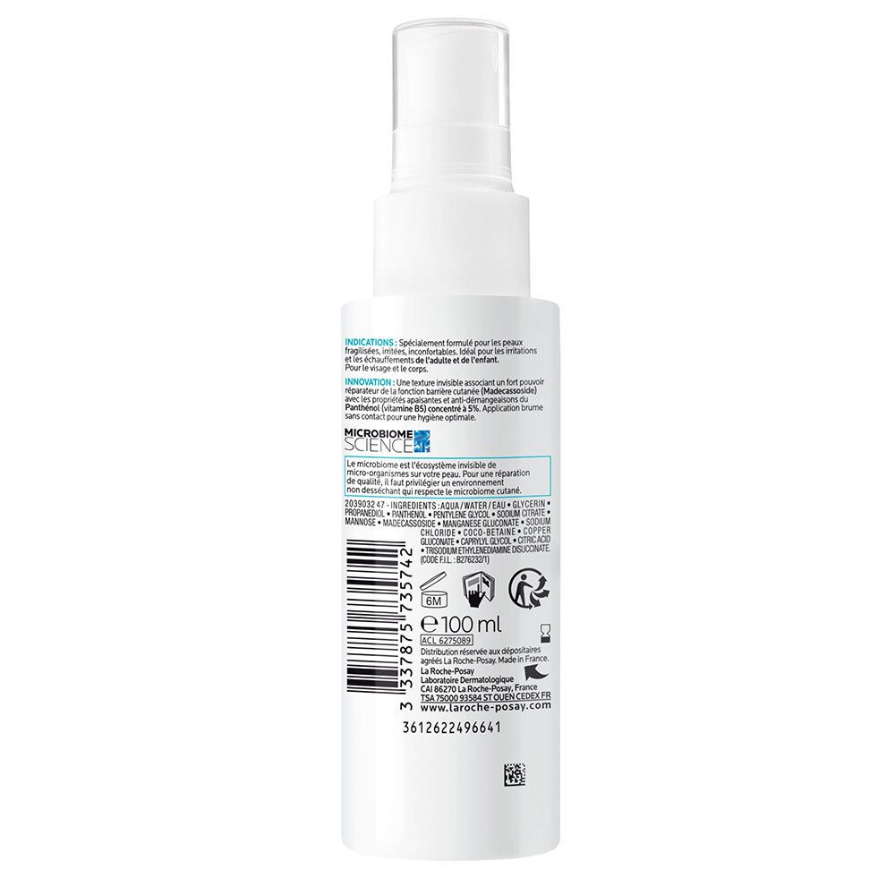 Achterkant van de La Roche-Posay CICAPLAST B5 Spray fles. Tekst en barcode. 100 ml.