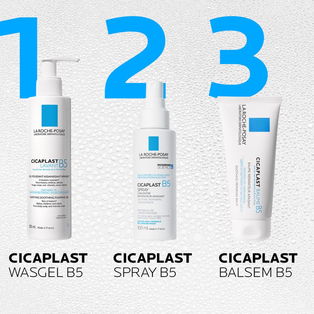 La Roche-Posay CICAPLAST B5 Spray. Achterkant fles met tekst. Voor gevoelige huid. Kinderen en volwassenen.
