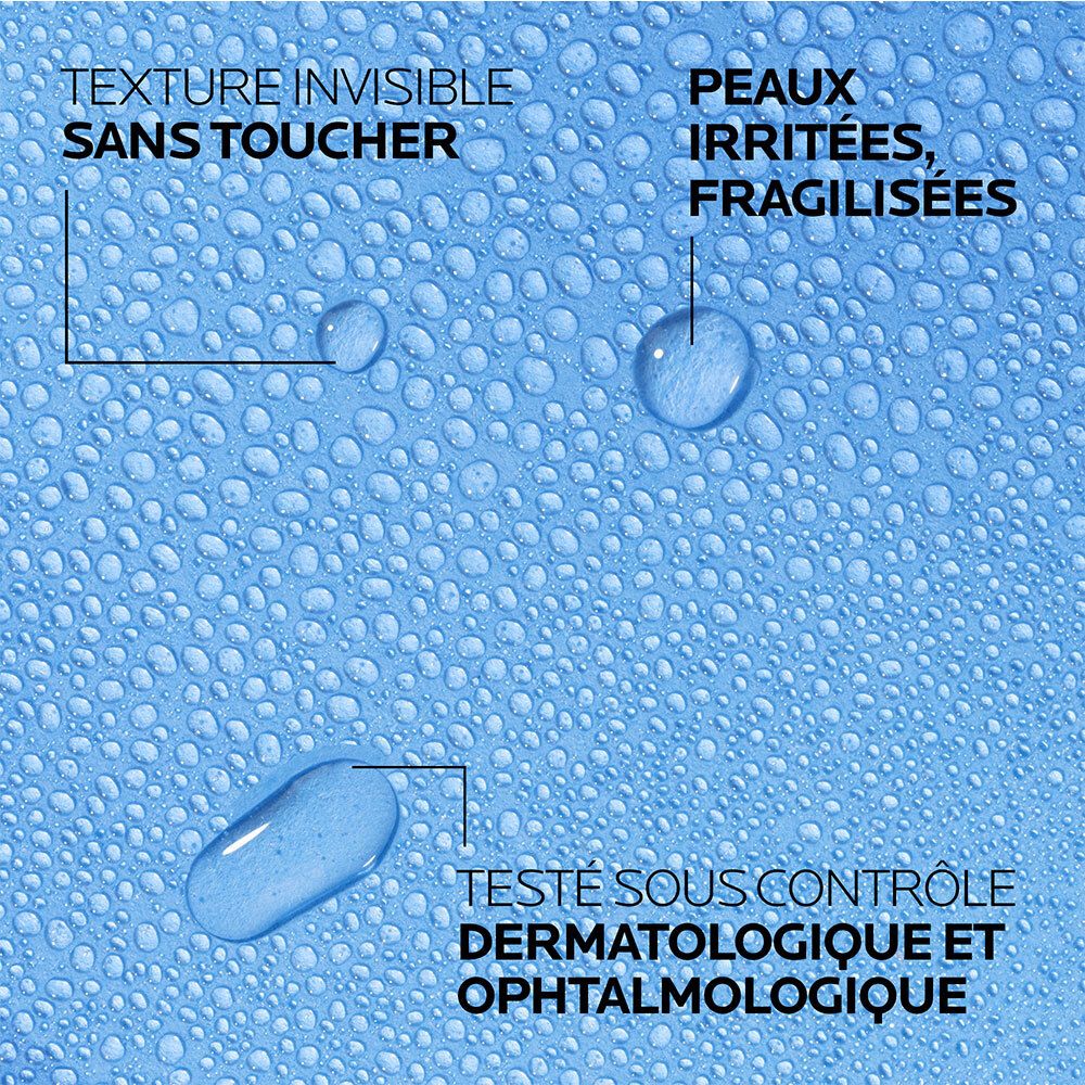Close-up van waterdruppels. Tekst: Getest onder dermatologische en oftalmologische controle.