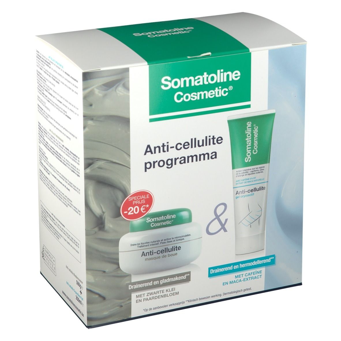 Verpackung von Somatoline Cosmetic Anti-Cellulite-Programm. Enthält Creme und Gel. Text: Anti-Cellulite, -20€.