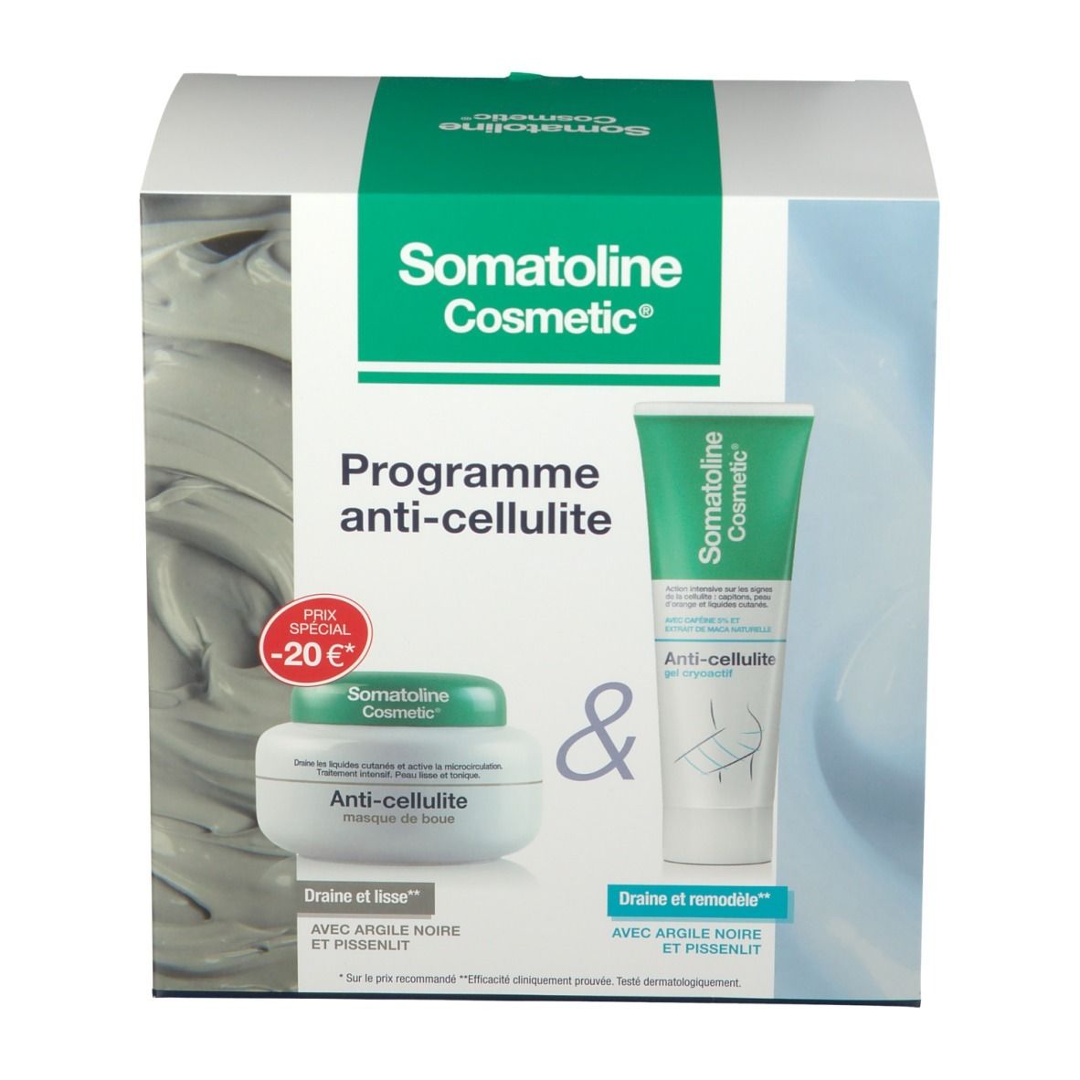 Verpackung von Somatoline Cosmetic Anti-Cellulite-Programm. Enthält Creme und Gel. Text: Anti-Cellulite, -20€.