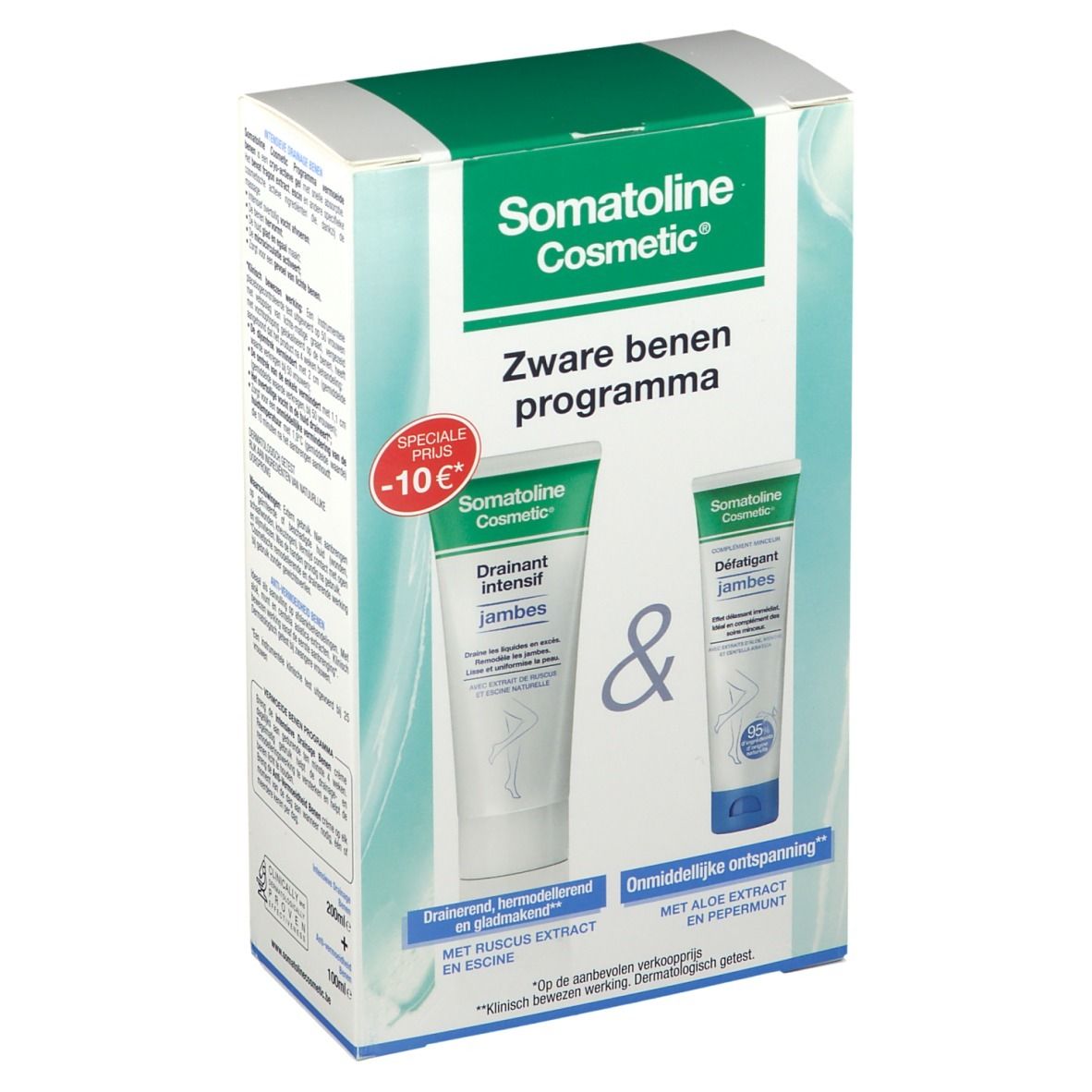 Verpakking met twee crèmes. Opschrift: Somatoline Cosmetic. Productnamen in het Nederlands en Frans. -10€ kortingssticker.