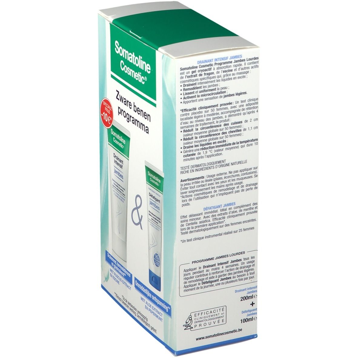 Zijaanzicht van de verpakking met productinformatie. Opschrift: Somatoline Cosmetic. Tekst in het Nederlands en Frans. 200ml en 100ml.