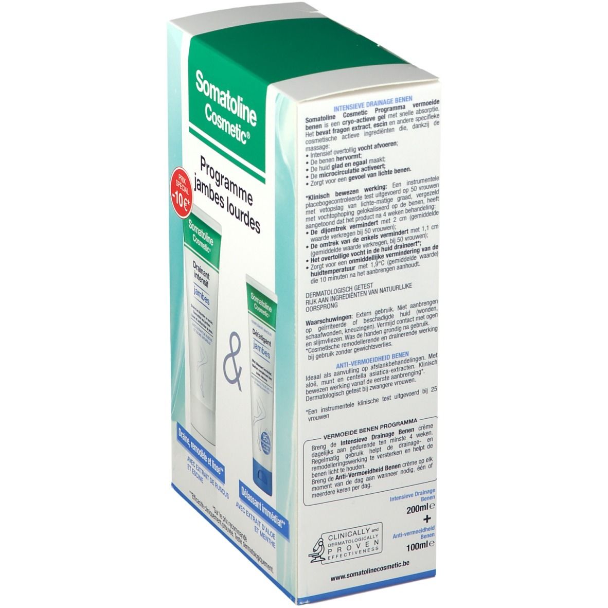 Zijaanzicht van de verpakking met productinformatie. Opschrift: Somatoline Cosmetic. Tekst in het Nederlands en Frans. 200ml en 100ml.