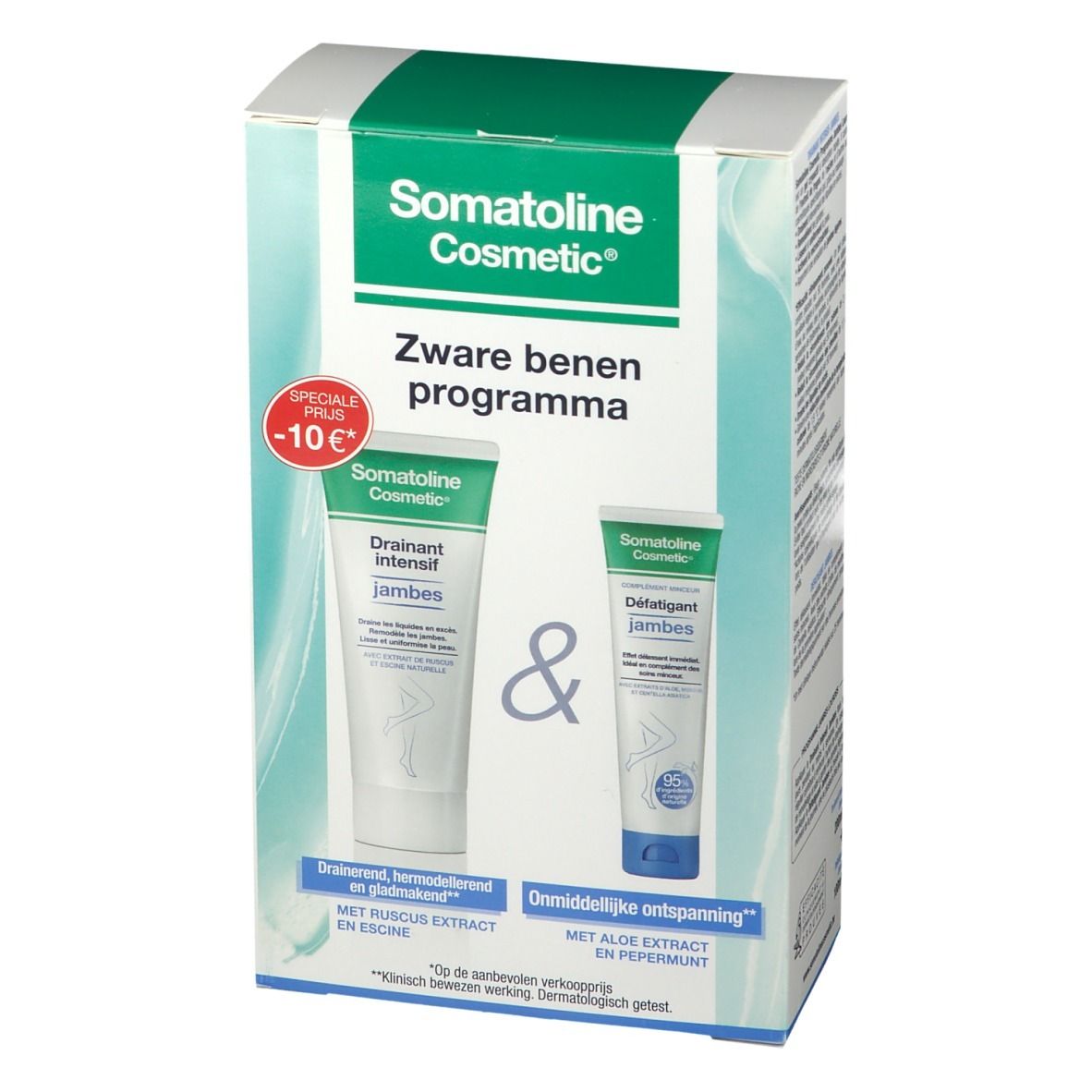 Verpakking met twee crèmes. Opschrift: Somatoline Cosmetic. Productnamen in het Nederlands en Frans. -10€ kortingssticker.