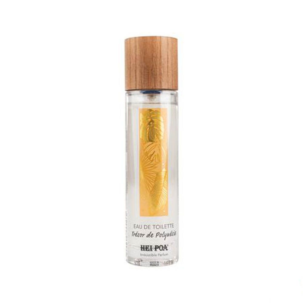 Flacon cylindrique avec bouchon en bois. Inscription: Eau de Toilette Trésor de Polynésie. Marque: Hei Poa.