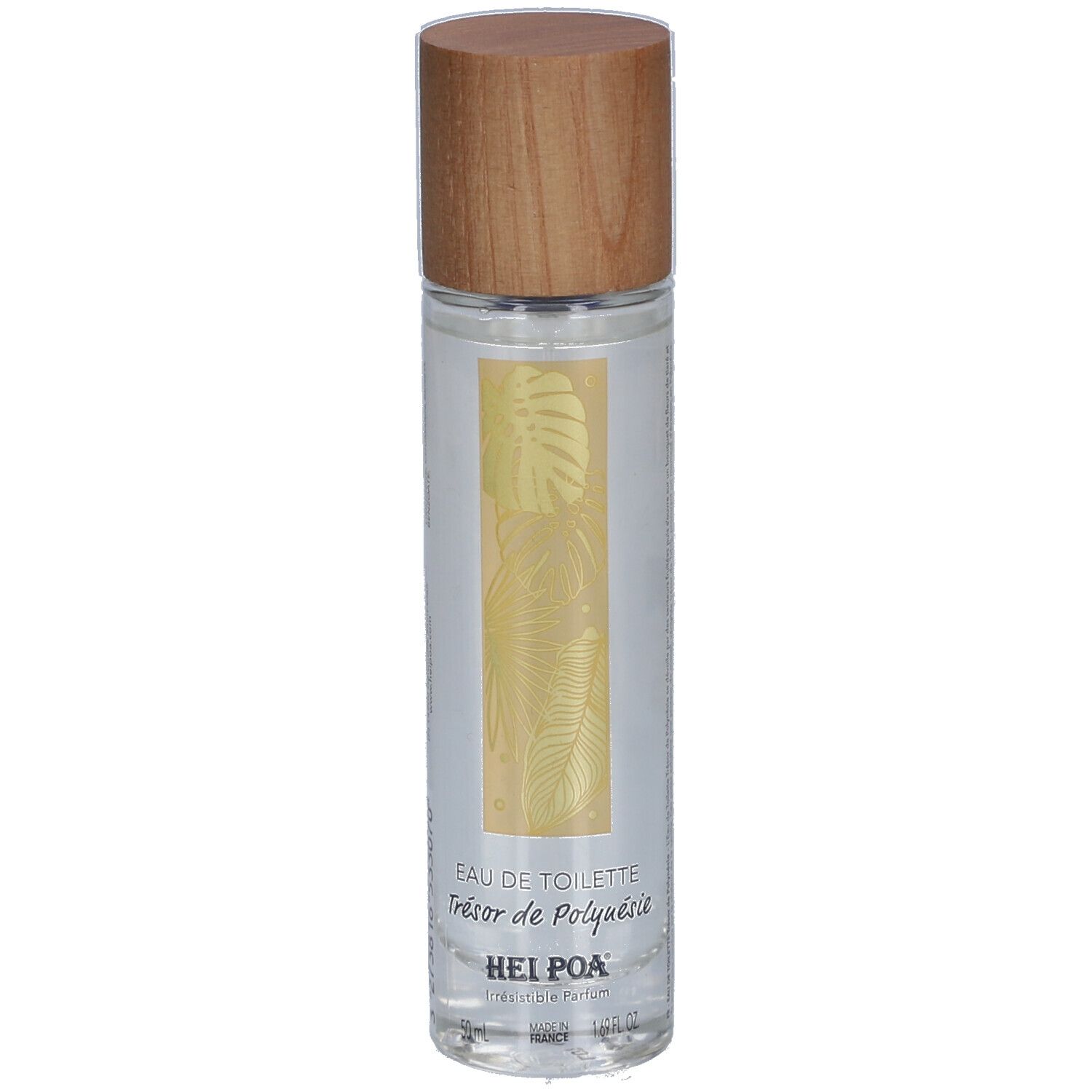 Flacon cylindrique avec bouchon en bois. Inscription: Eau de Toilette Trésor de Polynésie. Marque: Hei Poa.