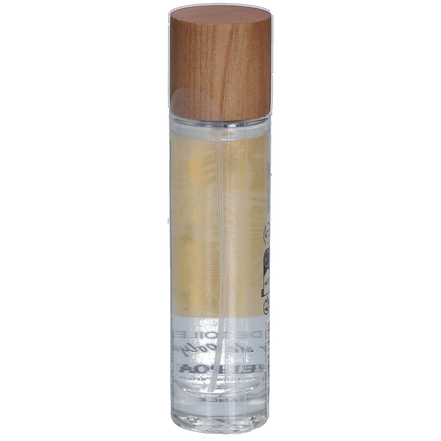 Flacon cylindrique avec bouchon en bois. Inscription: Eau de Toilette Trésor de Polynésie. Marque: Hei Poa.