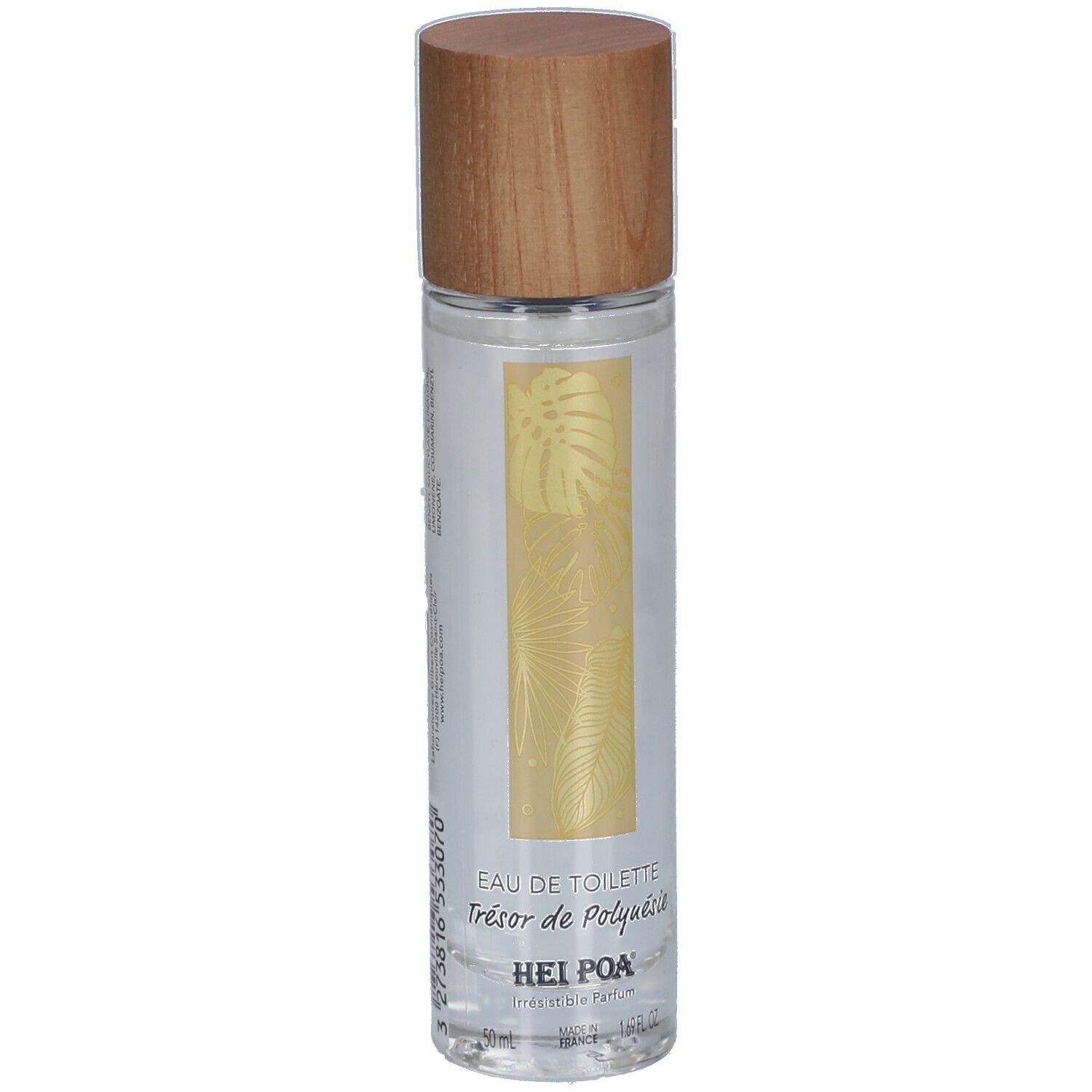 Flacon cylindrique avec bouchon en bois. Inscription: Eau de Toilette Trésor de Polynésie. Marque: Hei Poa.