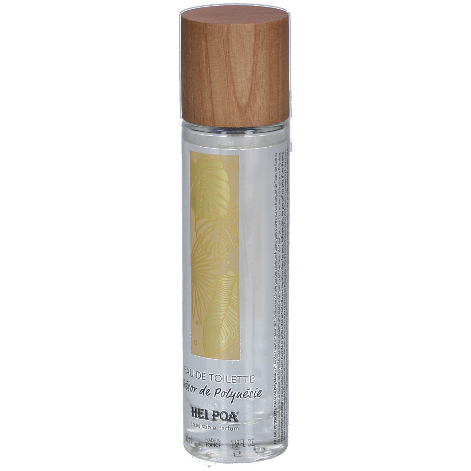Flacon cylindrique avec bouchon en bois. Inscription: Eau de Toilette Trésor de Polynésie. Marque: Hei Poa.