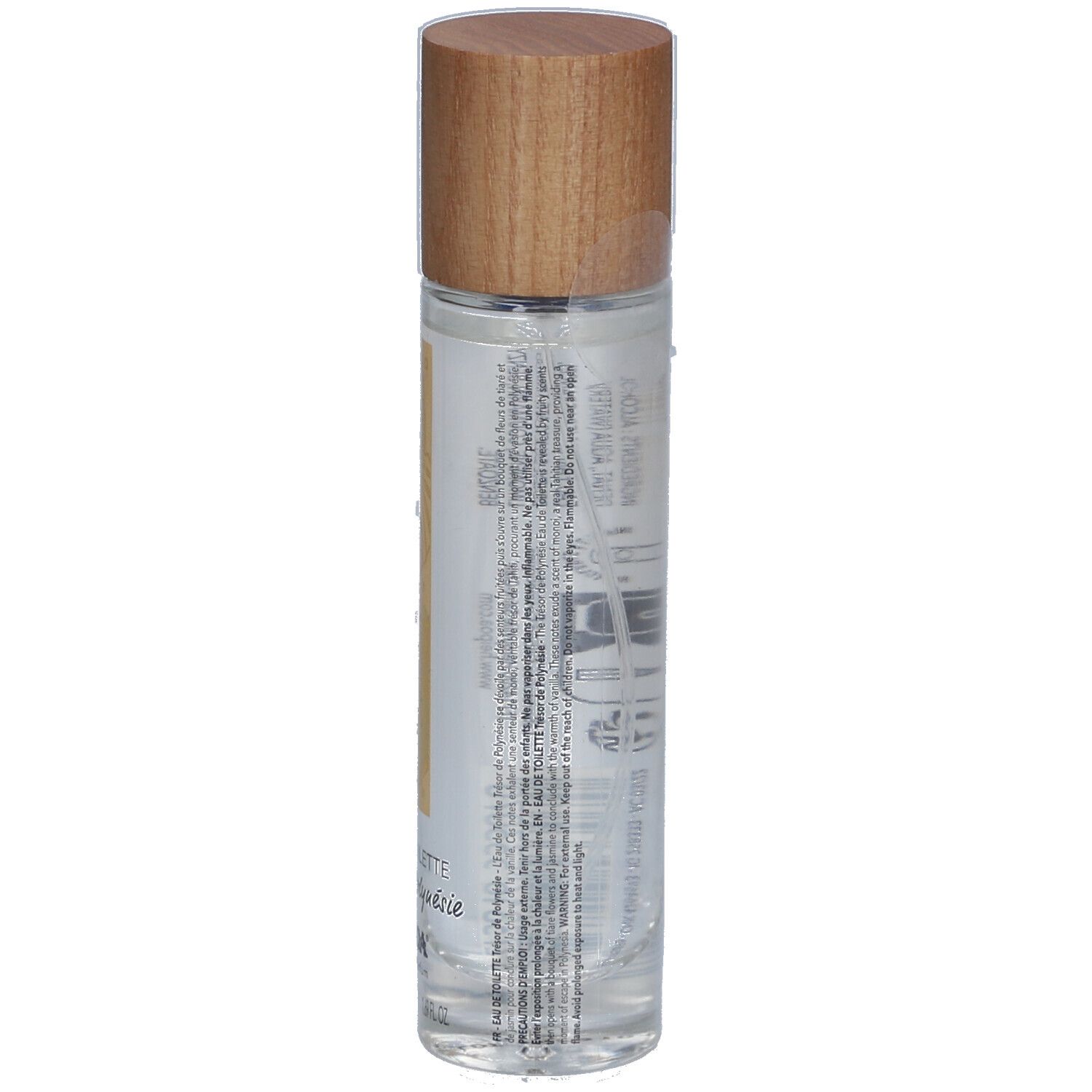 Flacon cylindrique avec bouchon en bois. Inscription: Eau de Toilette Trésor de Polynésie. Marque: Hei Poa.