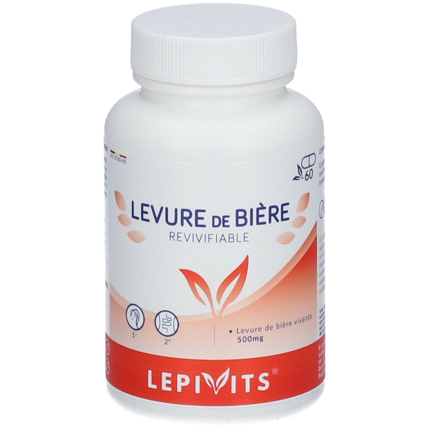 Witte fles met capsules. Opschrift: LEVURE DE BIÈRE REVIVIFIABLE. Rode strook met LEPIVITS.