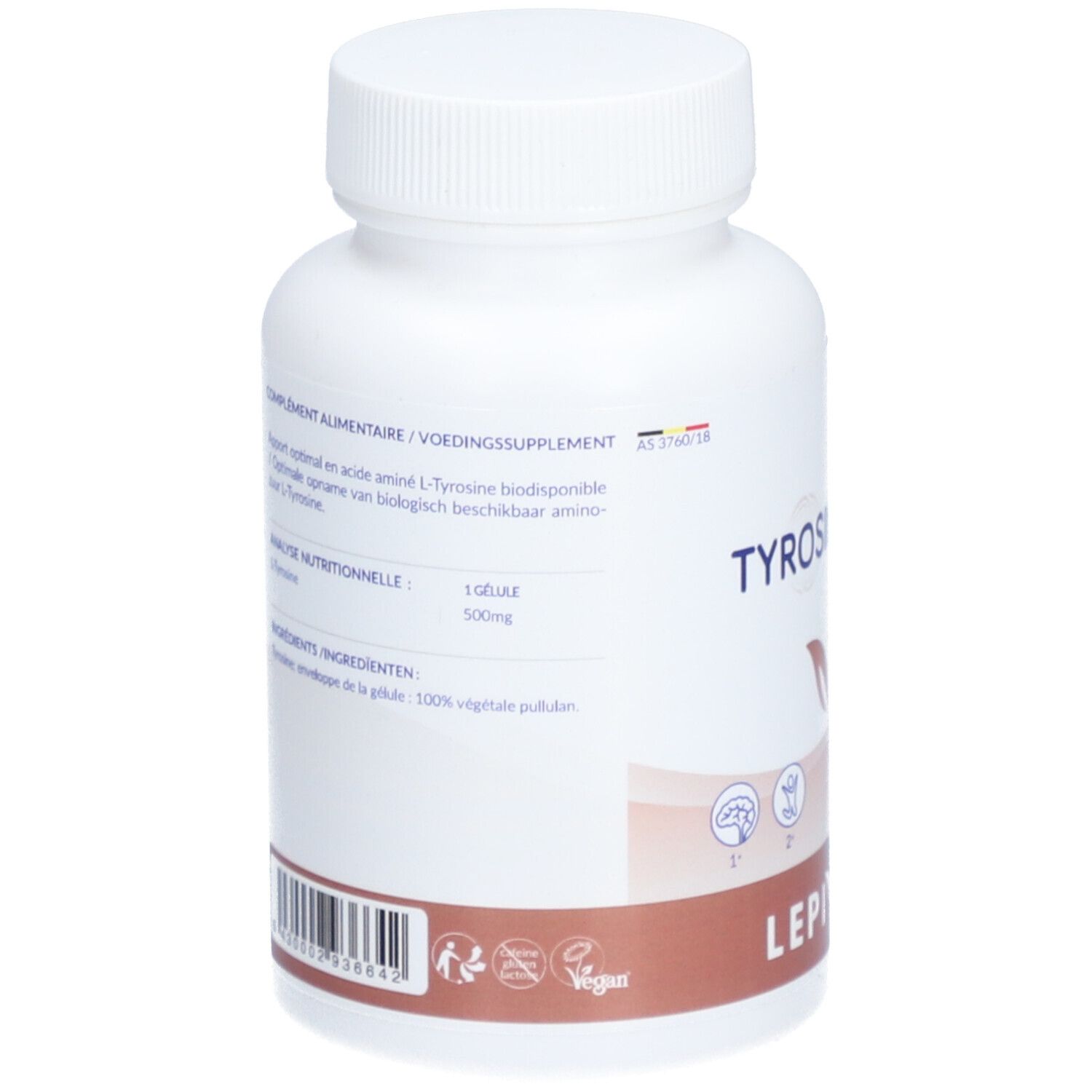 Dos du flacon blanc. Texte: Complément alimentaire. Contient de la L-Tyrosine. Code-barres. Label vegan.