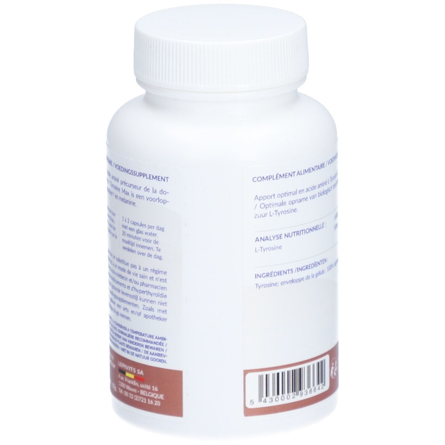 Dos du flacon blanc. Texte: Complément alimentaire. Ingrédients: Tyrosine. Code-barres.