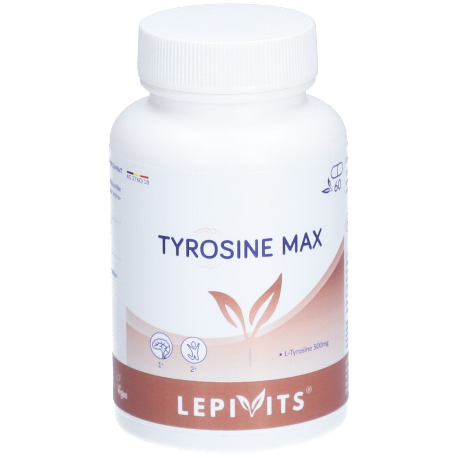 Flacon blanc avec bouchon à vis. Inscription: TYROSINE MAX, LEPIVITS. Contient 60 gélules. L-Tyrosine 500mg.