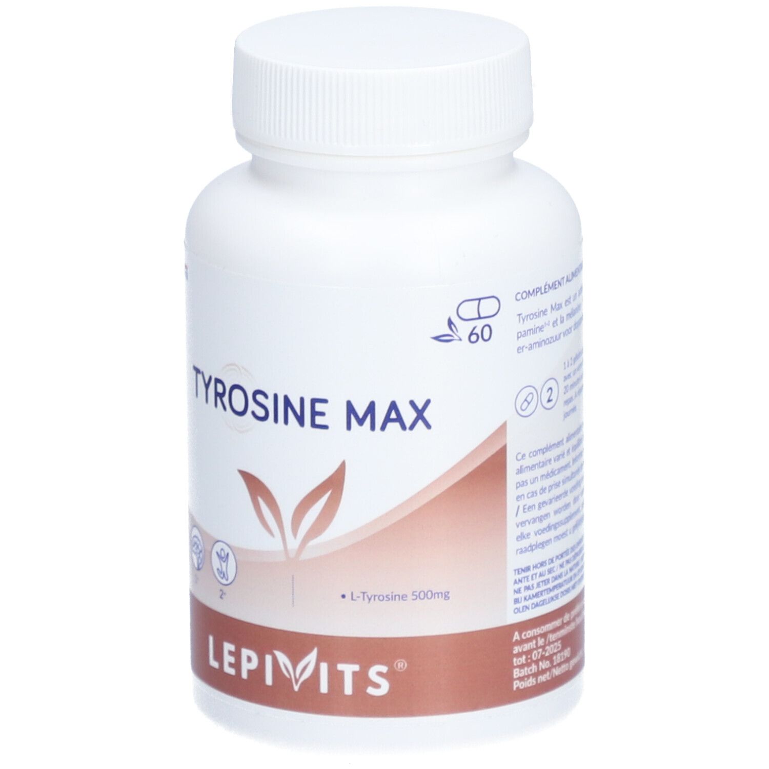 Flacon blanc avec bouchon à vis. Inscription: TYROSINE MAX, LEPIVITS. Contient 60 gélules. L-Tyrosine 500mg.