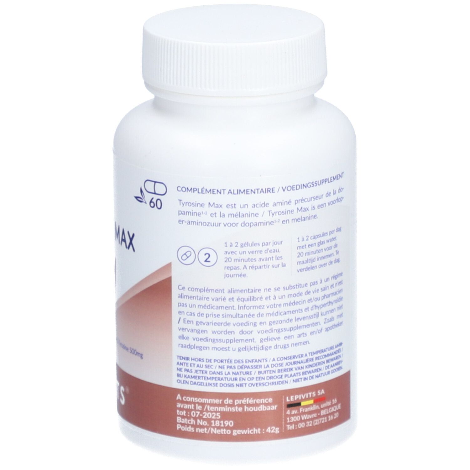 Dos du flacon blanc. Texte: Complément alimentaire. Contient de la L-Tyrosine. 60 gélules. Numéro de lot, poids.