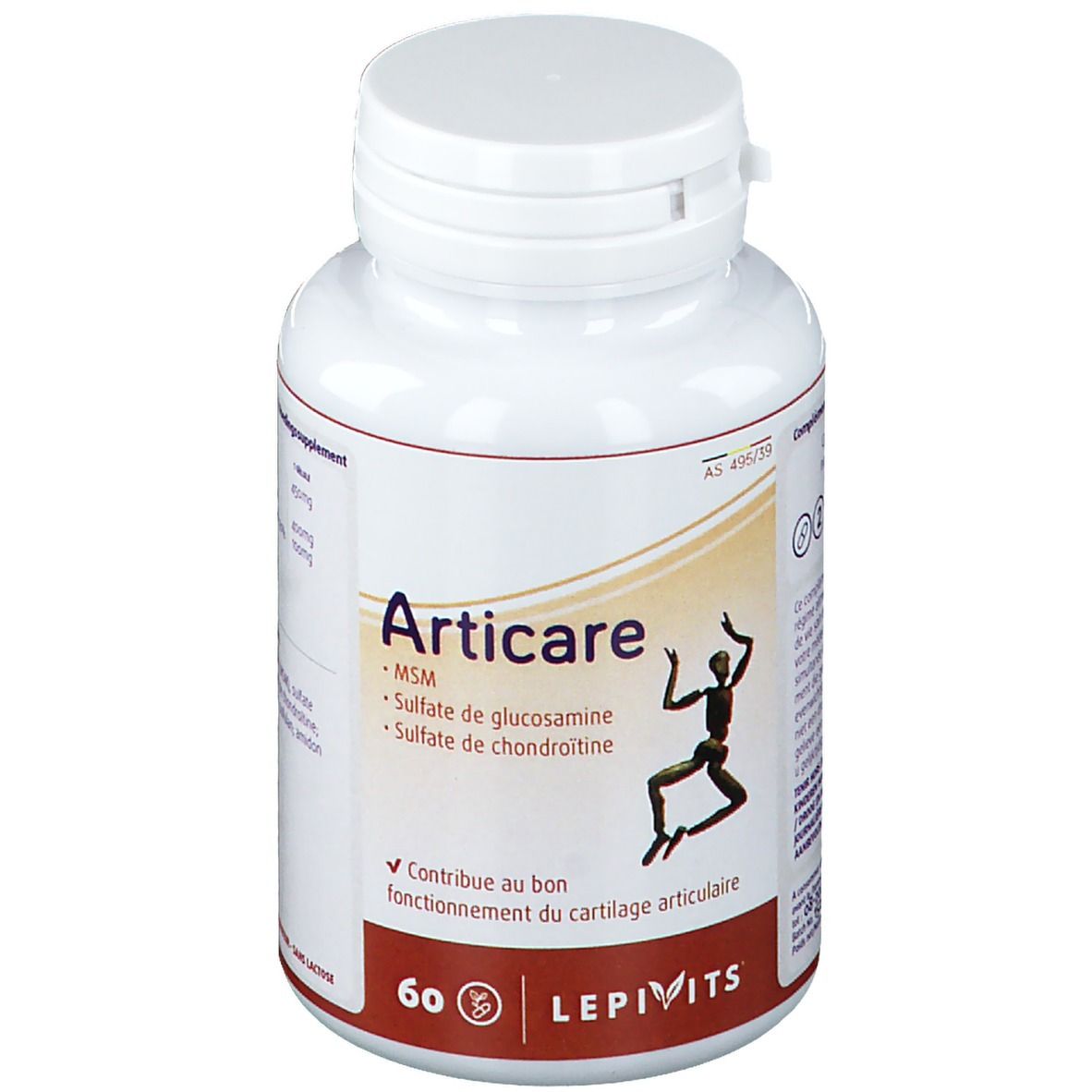 Witte tablettenfles met schroefdop. Opschrift Articare, MSM, glucosaminesulfaat, chondroïtinesulfaat. 60 tabletten. Merk Lepivits.