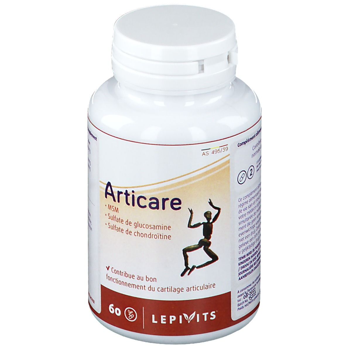 Witte tablettenfles met schroefdop. Opschrift Articare, MSM, glucosaminesulfaat, chondroïtinesulfaat. 60 tabletten. Merk Lepivits.
