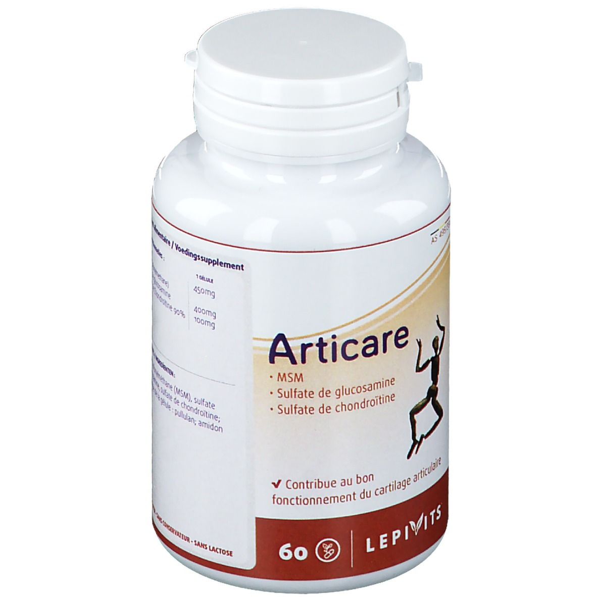 Witte tablettenfles met schroefdop. Opschrift Articare, MSM, glucosaminesulfaat, chondroïtinesulfaat. 60 tabletten. Merk Lepivits. Zonder lactose.