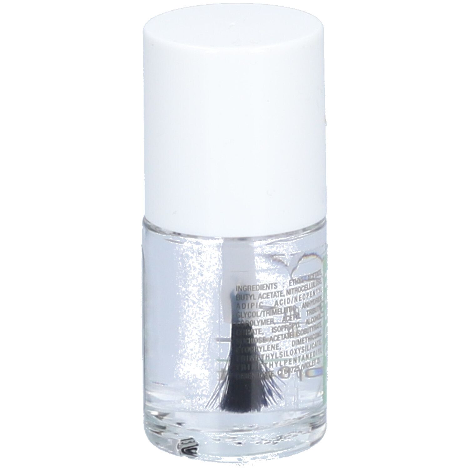 Klare Nagellackflasche mit weißem Deckel. Etikett mit Inhaltsstoffen. Pinsel sichtbar.