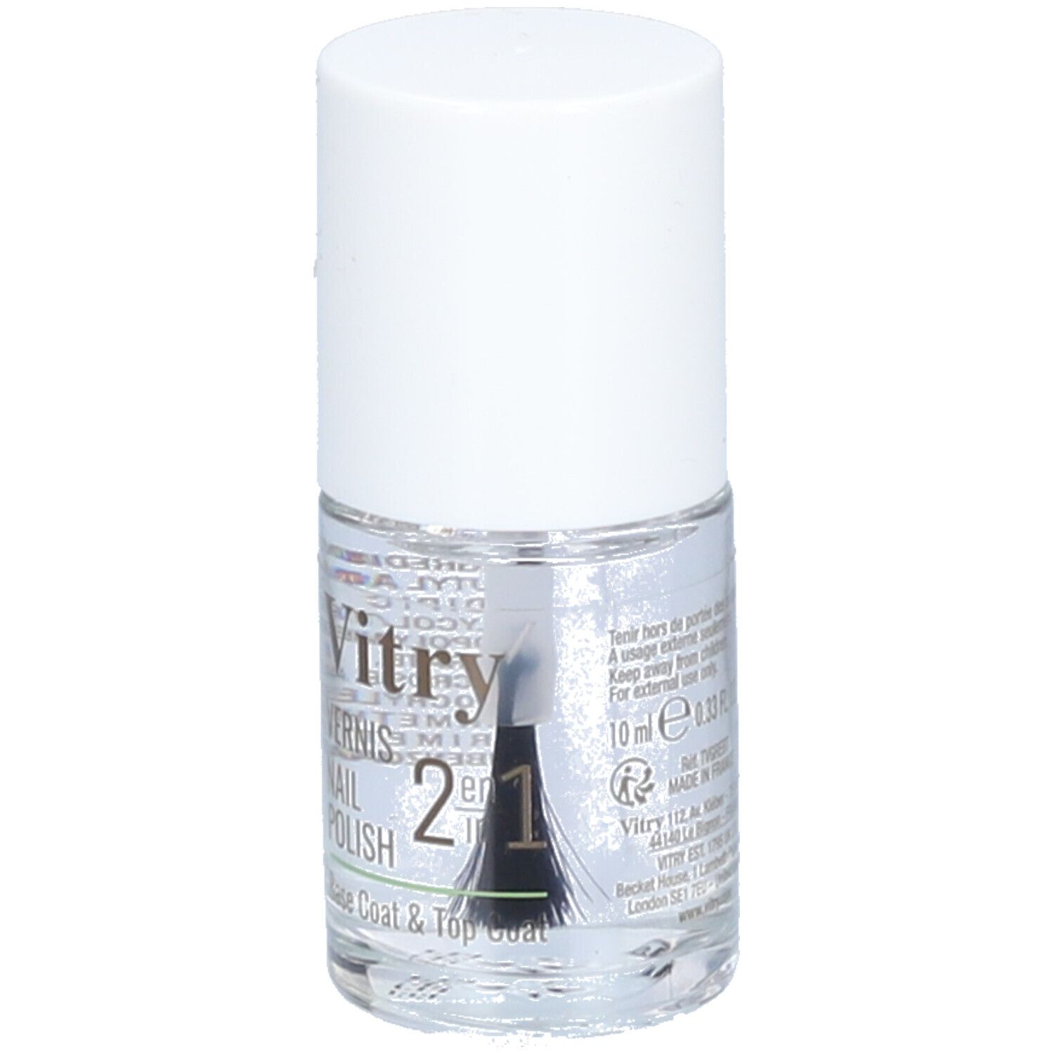 Klare Nagellackflasche mit weißem Deckel. Etikett mit Produktnamen "Vitry 2 in 1". Pinsel sichtbar.