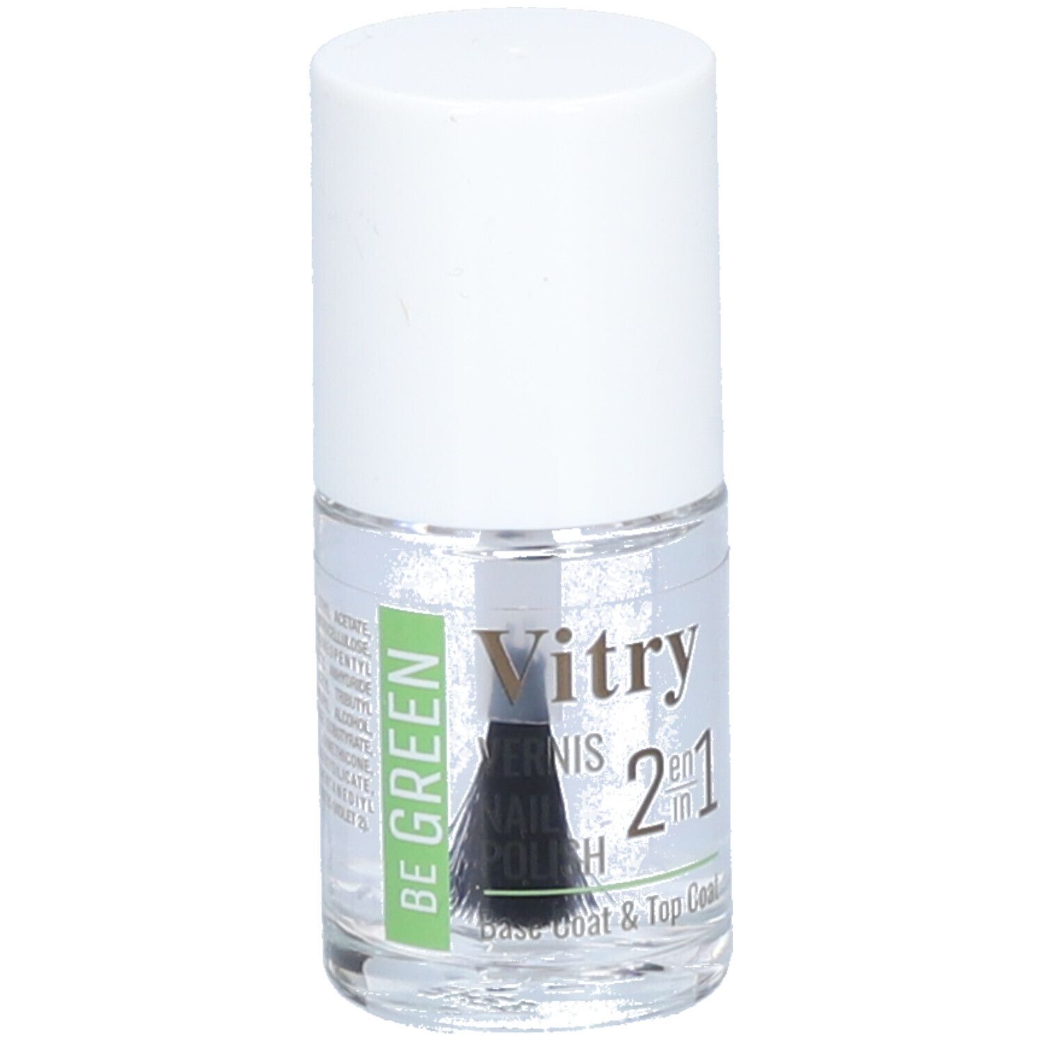 Klare Nagellackflasche mit weißem Deckel. Etikett mit "Vitry BE GREEN 2 in 1". Pinsel sichtbar.