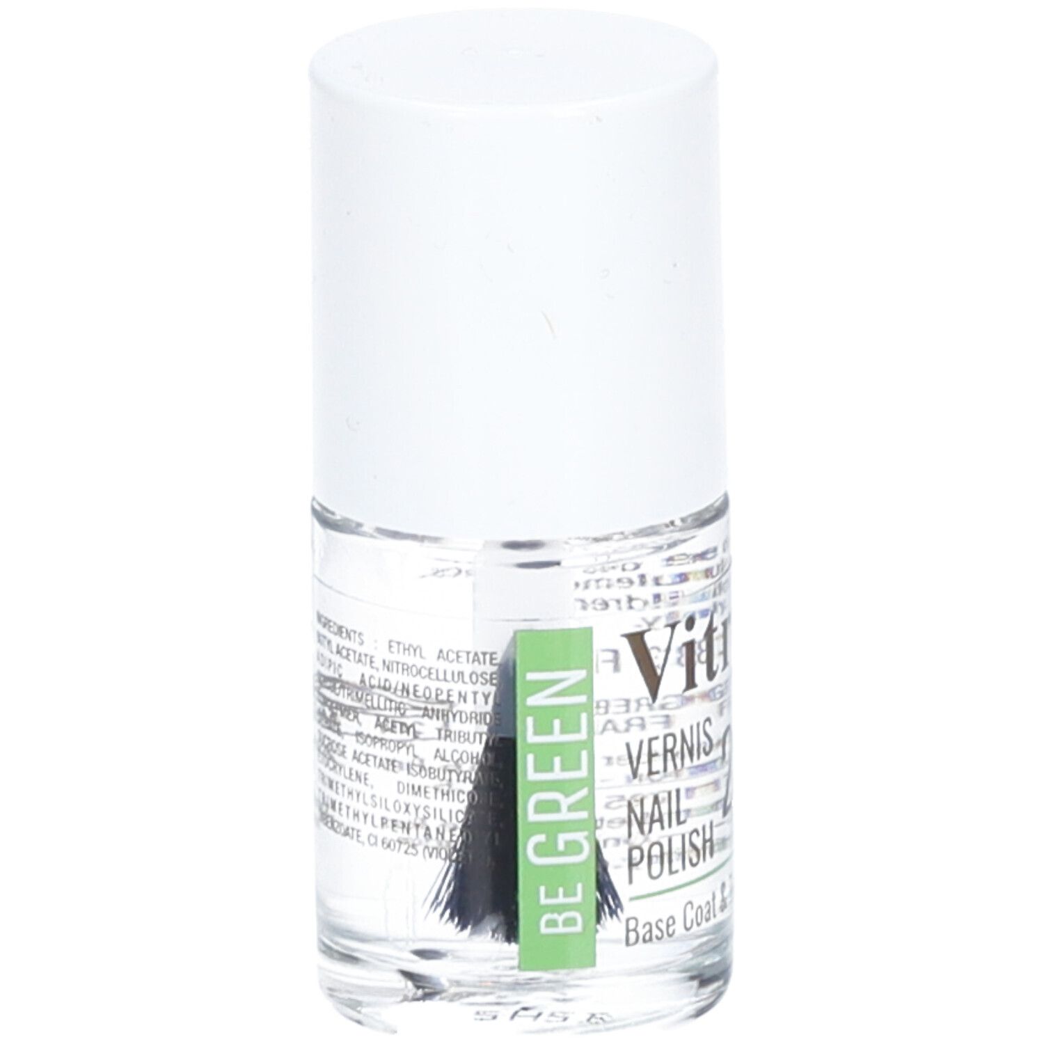 Klare Nagellackflasche mit weißem Deckel. Etikett mit Inhaltsstoffen und "BE GREEN". Pinsel sichtbar.