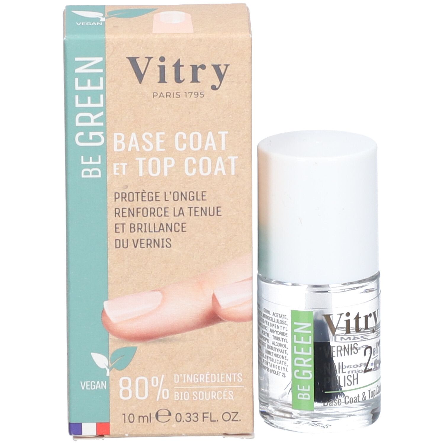 Nagellackflasche neben Verpackung. Verpackung mit Produktname, Inhaltsstoffen und Logo. Flasche mit Pinsel.