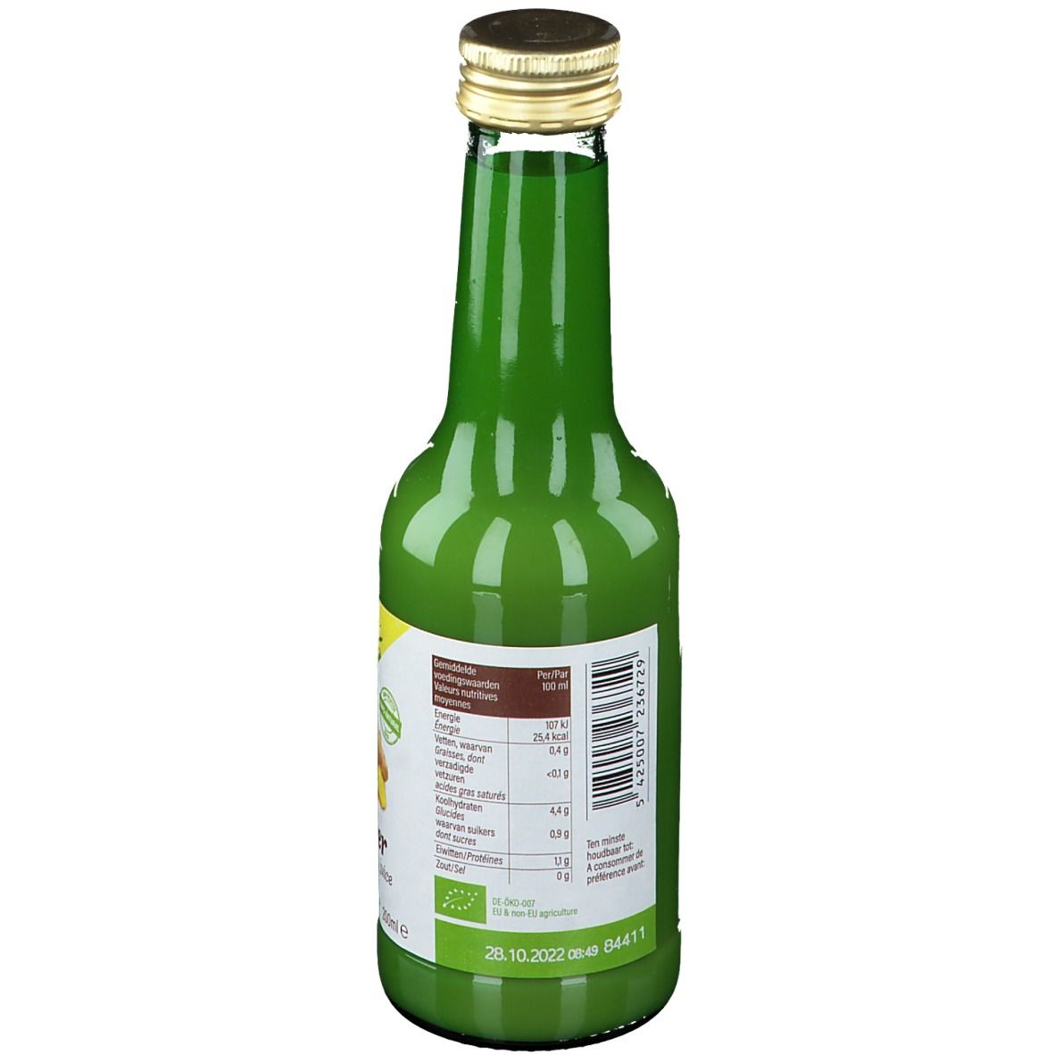 Vue arrière d'une bouteille en verre vert de jus de gingembre. Étiquette avec informations nutritionnelles et liste des ingrédients. Bouchon doré.
