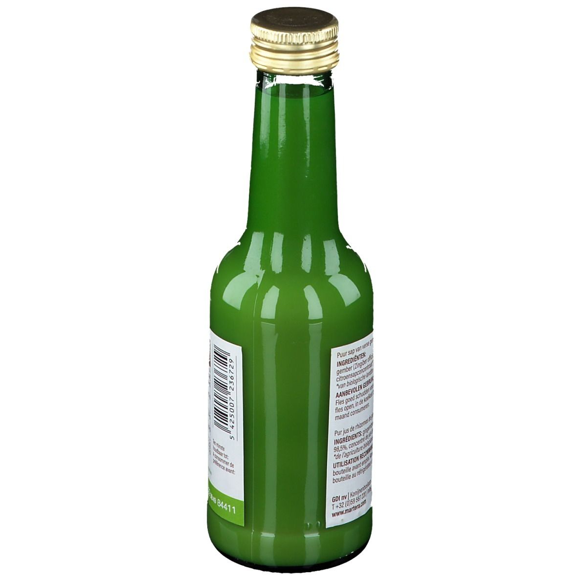 Vue arrière d'une bouteille en verre vert de jus de gingembre. Étiquette avec liste des ingrédients et informations du fabricant. Bouchon doré.