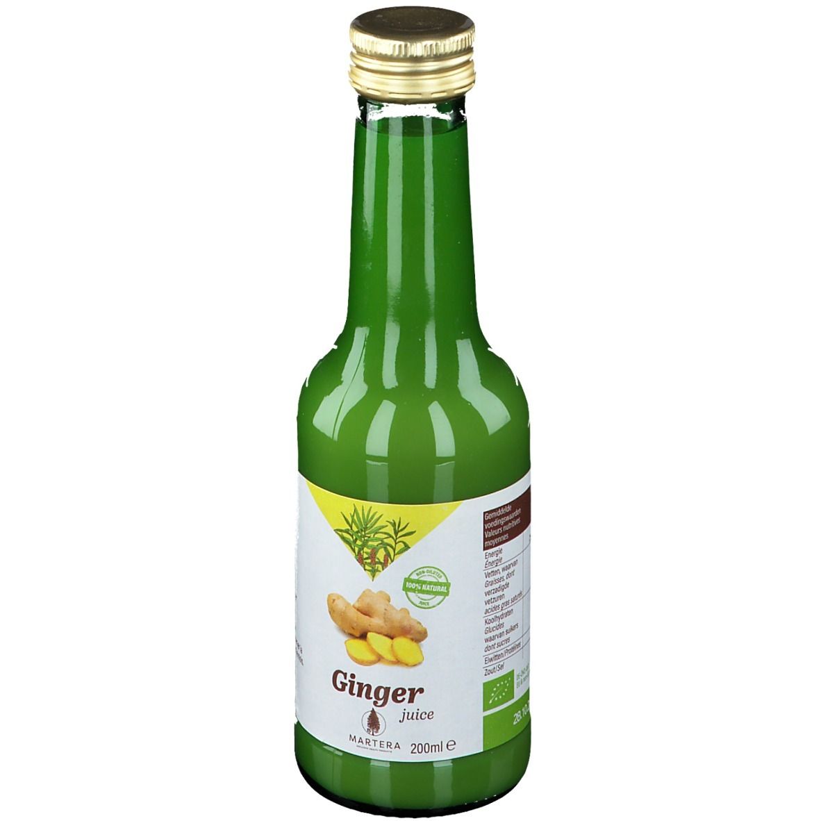 Bouteille en verre vert de jus de gingembre. Étiquette avec illustration de gingembre, texte "Ginger Juice" et label bio. Bouchon doré.