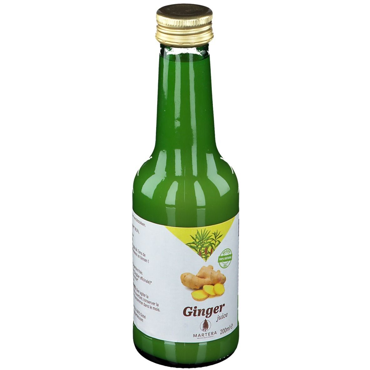 Bouteille en verre vert de jus de gingembre. Étiquette avec illustration de gingembre et texte "Ginger Juice". Label bio. Bouchon doré.