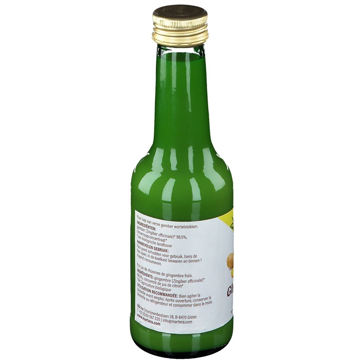 Vue arrière d'une bouteille en verre vert de jus de gingembre. Étiquette avec liste des ingrédients et informations du fabricant. Bouchon doré.