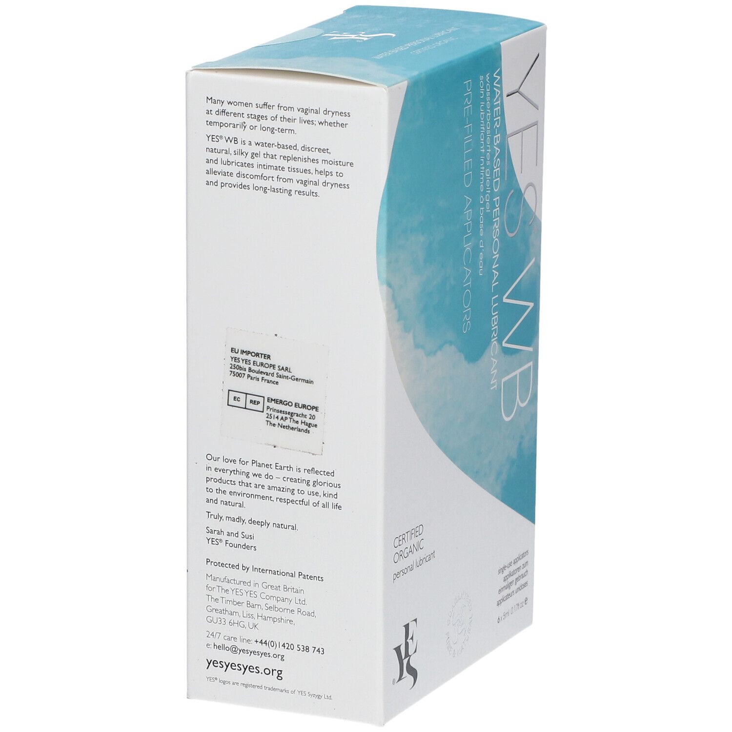 Vue latérale de l'emballage "YES WB". Texte: "Water-Based Personal Lubricant", "Certified Organic" et informations fabricant.