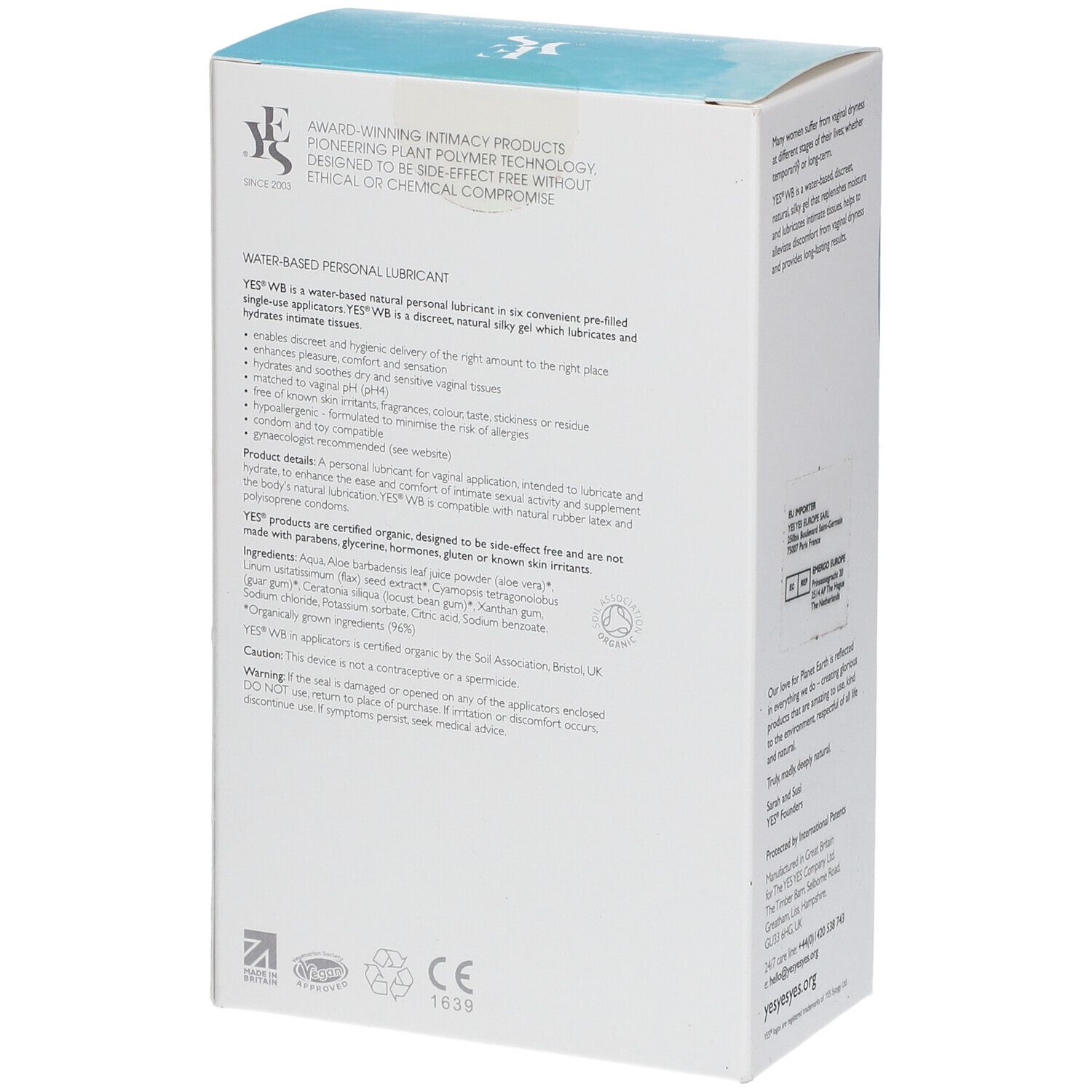 Dos de l'emballage "YES WB". Texte: "Water-Based Personal Lubricant", "Certified Organic" et informations produit.