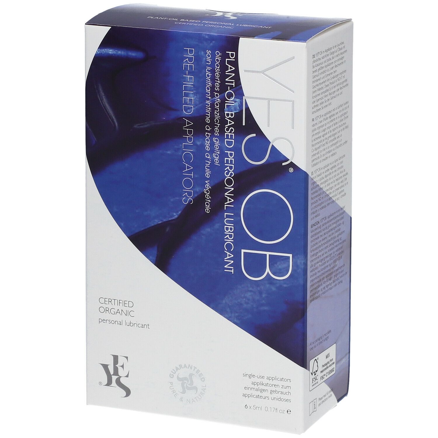 Verpackung von YES® OB Gleitgel auf Pflanzenölbasis. Blaue und weiße Schachtel mit Produktinformationen und Logo.